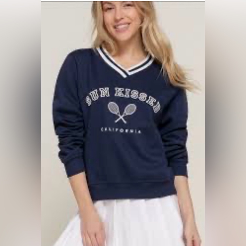 Active USA Navy and White V-Neck Sweatshirt with Tennis Graphic